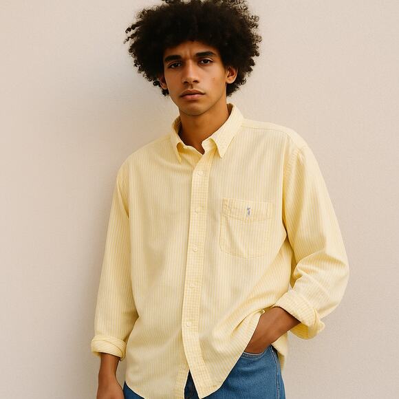 Vintage Ralph Lauren Big Shirt Yellow Stripe Cotton Button Down L - Picture 2 of 12